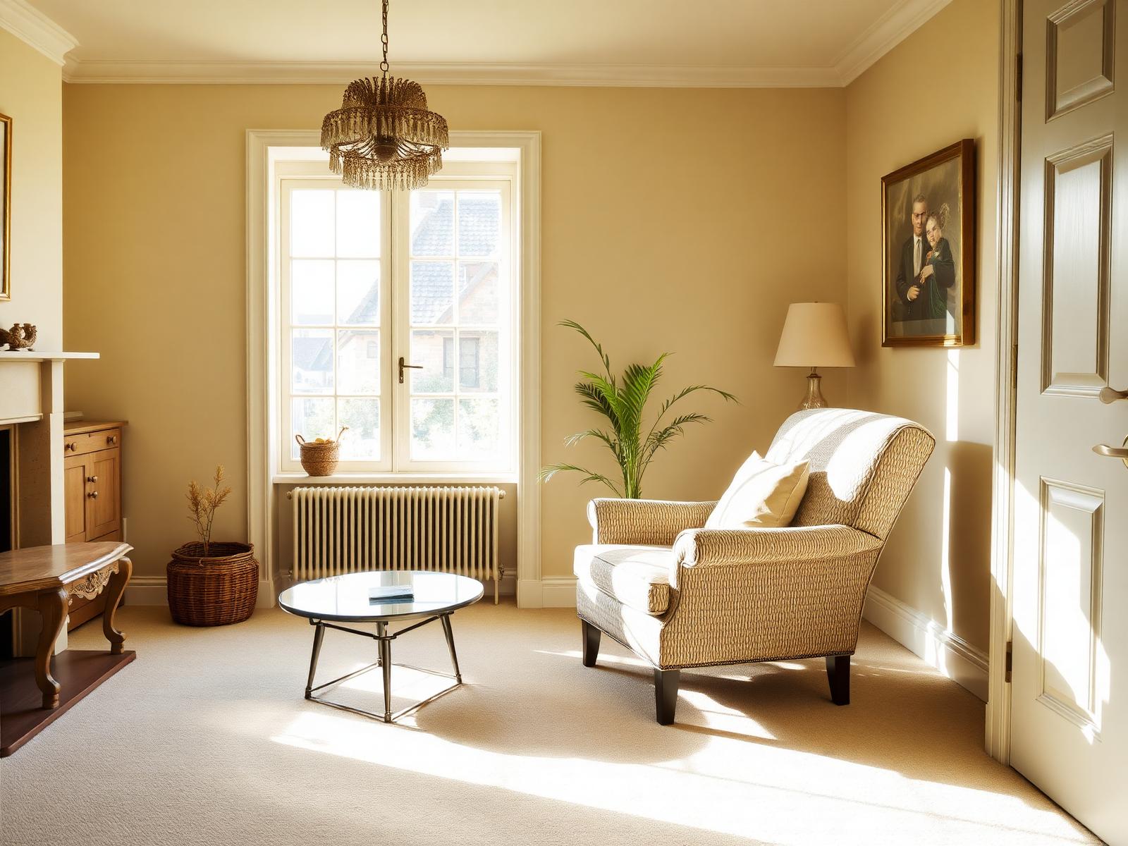 A warmly lit living room with a freshly cleaned cream carpet